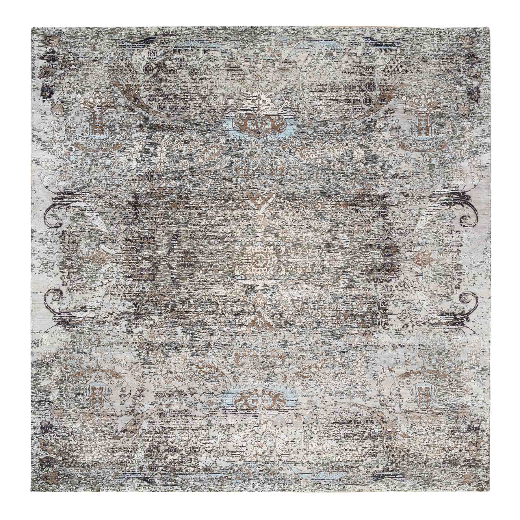 8'1"x8'1" Shades of Brown, Hand Knotted, Transitional Persian Influence Erased Medallion Design, Silk with Textured Wool, Oriental, Square Rug 